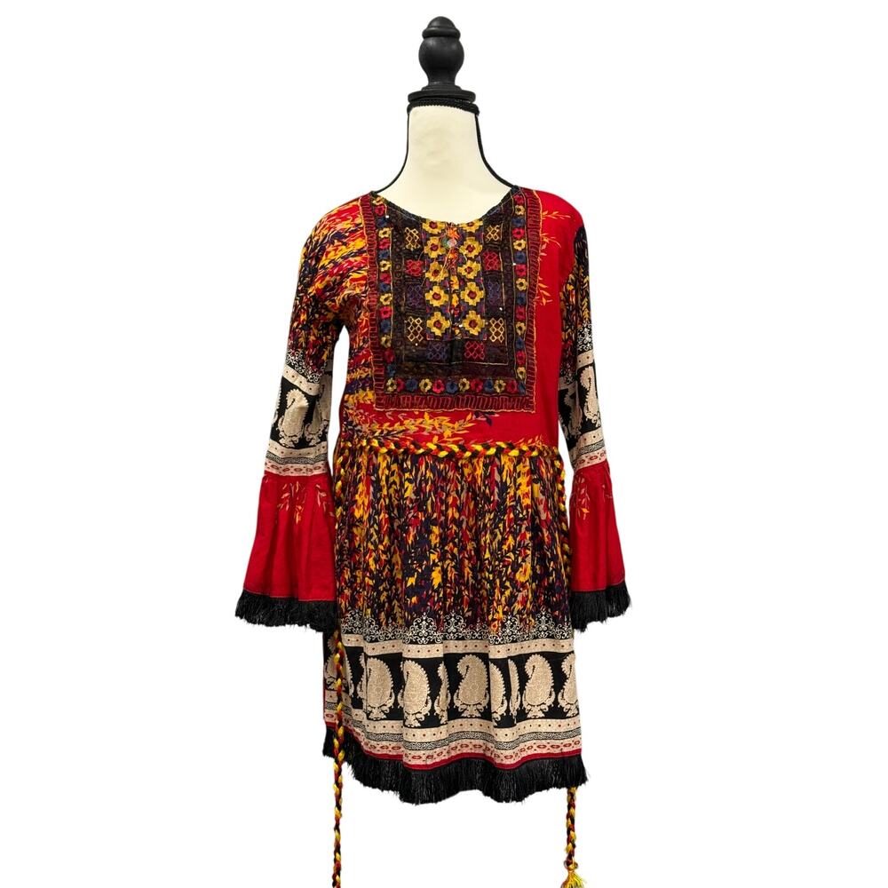 VINTAGE Afghan Kuchi Frock Handmade Tribal Embroidered Dress Fringe Textile READ